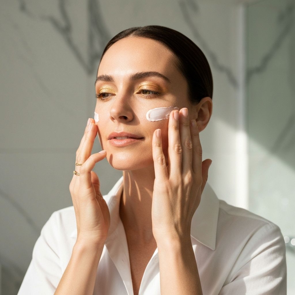 Elegante donna italiana che applica cosmetici di lusso